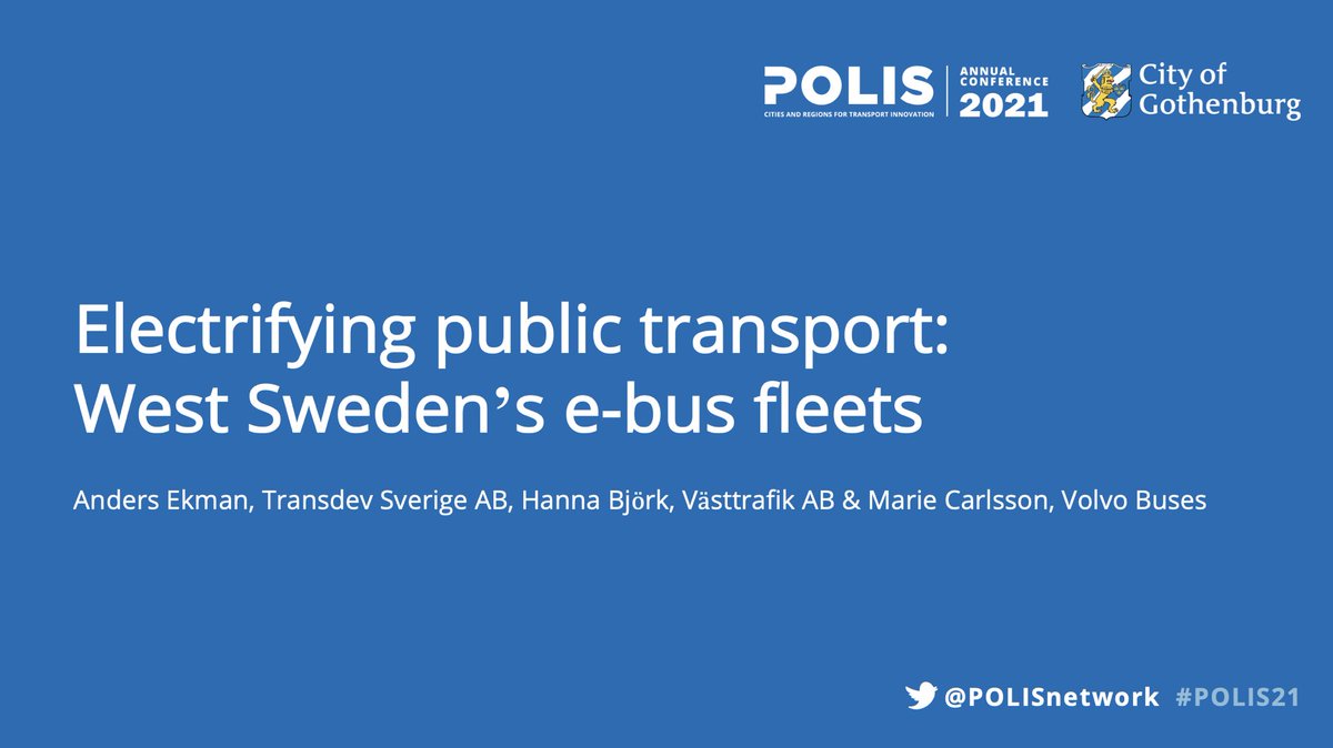 At #POLIS21 today: Session 4D – “It’s Electrifying!” – sees Hanna Björk from Västtrafik AB, Anders Ekman from Transdev &amp; Marie Carlsson from Volvo Buses in conversation about the rollout of electric public transport.

#ElectricVehicles #publictransport