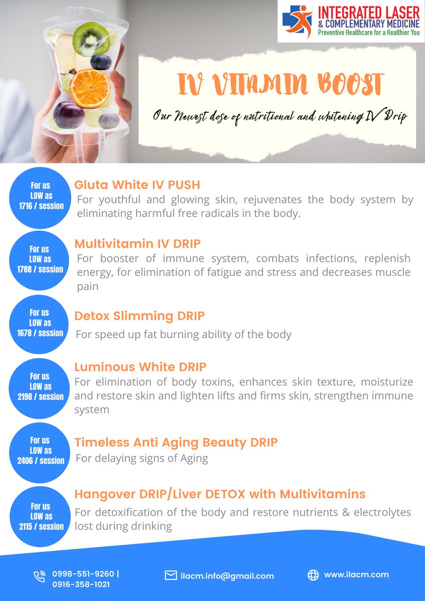 LaserIntegrated's tweet photo. Regain your vitality, stimulate your collagen, lose weight, delays aging and detox…choose the IV Drip for you!
Call US NOW and We look forward to seeing you soon!!!
#ilacm #NEWservice #wellnessandprevention #natural #wellnesslaser #IVLaserTherapy #dermabeauty https://t.co/18vs7ChcrF