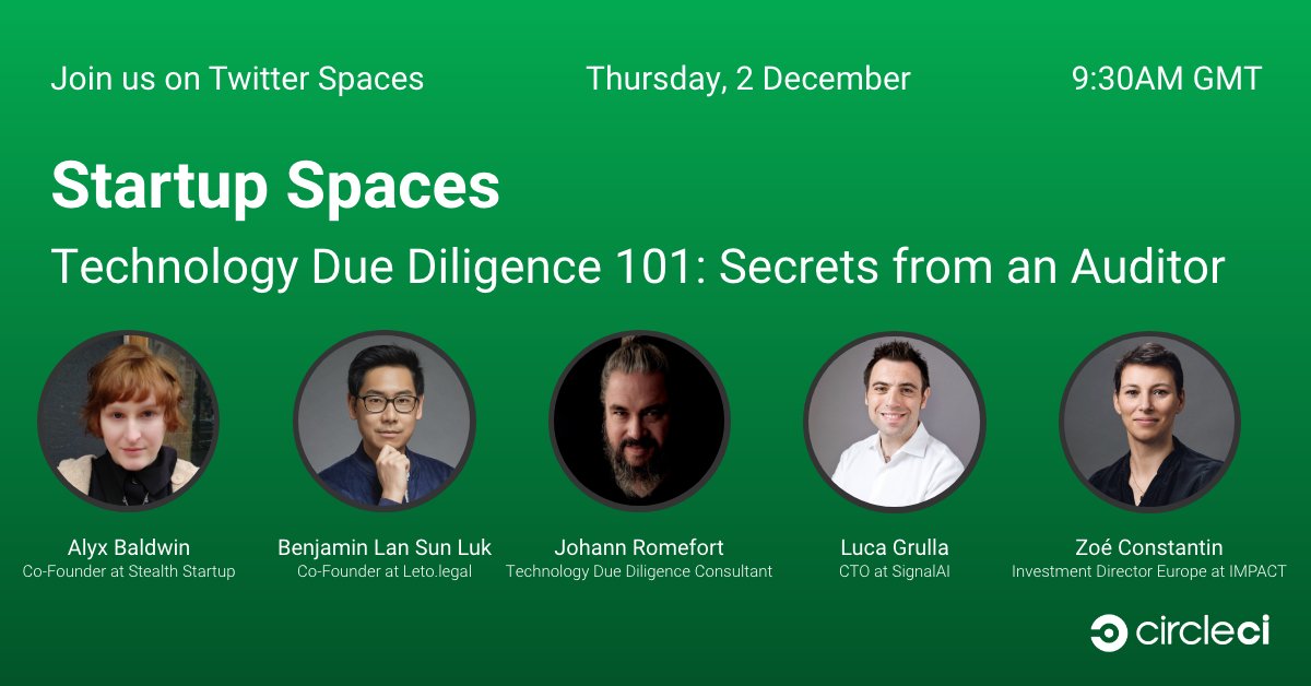 CircleCI's tweet photo. We're 1 hour out from the start of today's #Startup Spaces event where our panel of experts will share insights, advice and strategies for navigating the #TechDD process like a pro.
Listen live: https://t.co/YW4Ng8xRpb
@romefort @alyxmxe @benjaminlsl @lucagrulla @constantin_zoe https://t.co/9vqoB6Hfuo