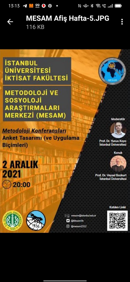 Metedoloji ve Sosyoloji Araştırmaları Merkezi (MESAM)'ın Metodoloji Konferanslarında bu dönemki son etkinliği "Anket Tasarımı ve Uygulama Biçimleri" başlığıyla bu akşam 20'de sizlerle. Prof. Dr. Yunus Kaya'nın moderatörlüğündeki söyleşimize Prof. Dr. Veysel Bozkurt konuk olacak.