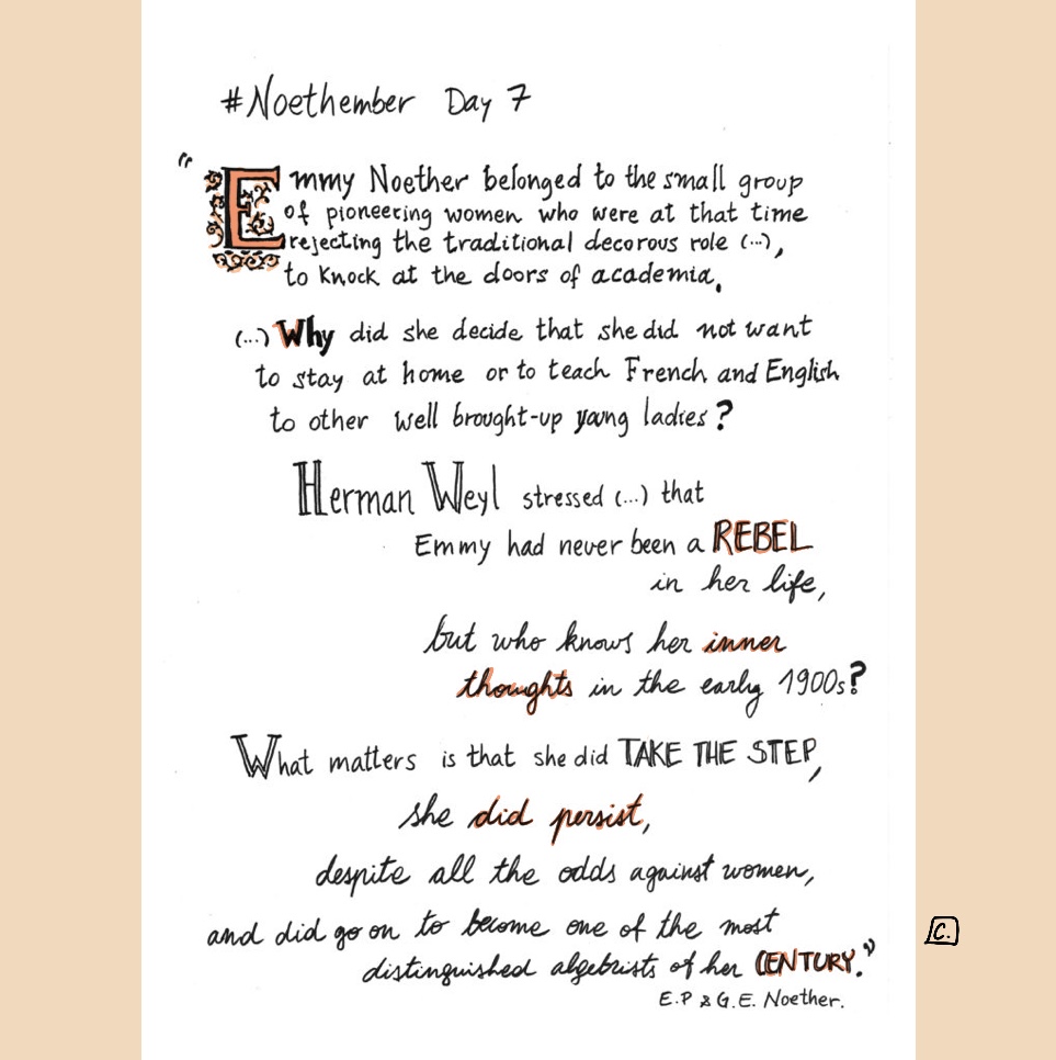 Coni777's tweet photo. December? Nah, can't be. Really? Well, that was a very short #Noethember. Let's finish with this: Emmy Noether was not considered a rebel, but  who could know her inner thoughts in early 1900s, really. She did persist. She changed her century. #scicomm https://t.co/ze1WVbbE4v
