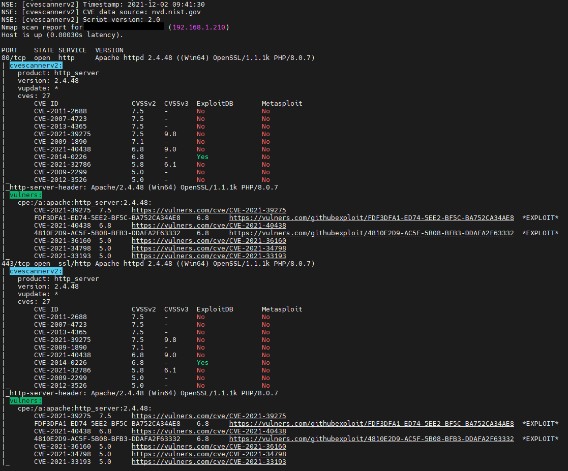 seguridadyredes's tweet image. NMAP #cvescannerv2 vs #vulners
#nmap -sV 192.168.1.210 --script vulners --script cvescannerv2 --script-args db:cve.db,maxcve=10,log=cve210.log' -p80,443 --open -T5
