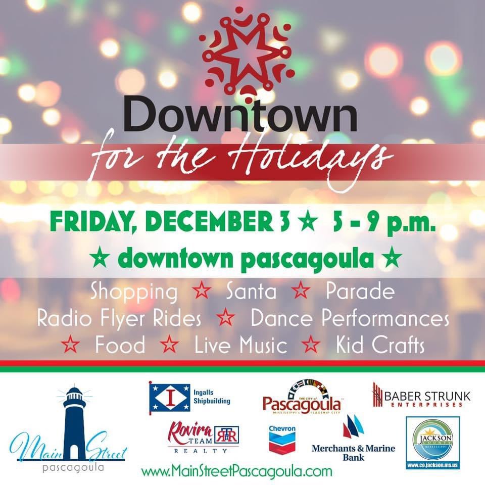 City of Pascagoula (@pascagoulacity) on Twitter photo Tomorrow is the day! Downtown for the Holidays!
🎅 Santa arrives @ 5:15
🎄 Tree Lighting @ 5:30
🎁 Shopping
🎭 Live performances 
💚 Goula Grinch
🍪 Cookie decorating & kids activities 
🎉 Parade rolls @ 7:30
🎆 Fireworks following the parade
We can't wait to see you there! Tomorrow is the day! Downtown for the Holidays!
🎅 Santa arrives @ 5:15
🎄 Tree Lighting @ 5:30
🎁 Shopping
🎭 Live performances 
💚 Goula Grinch
🍪 Cookie decorating & kids activities 
🎉 Parade rolls @ 7:30
🎆 Fireworks following the parade
We can't wait to see you there!