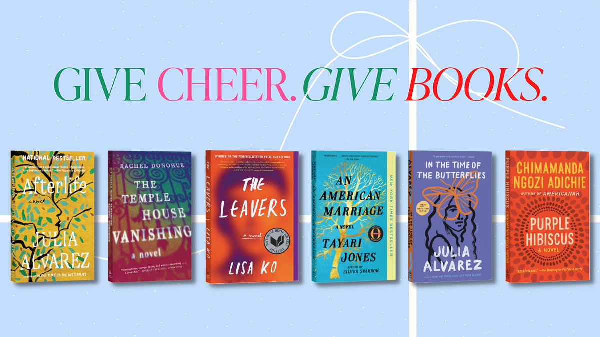 AlgonquinBooks's tweet photo. Paperback novels make great stocking stuffers: https://t.co/kGduyYtTiN 
#Afterlife &amp; #IntheTimeoftheButterflies by @writerjalvarez 
#TheTempleHouseVanishing by Rachel Donohue
#TheLeavers by @iamlisako 
#AnAmericanMarriage by Tayari Jones
#PurpleHibiscus by @ChimamandaReal https://t.co/nvNNZLWPXA