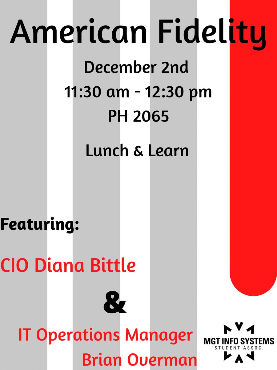 OU_MISSA's tweet photo. Come to our lunch &amp; learn with American Fidelity!!! Rare opportunity to network and talk with CIO And IT operation manager!!!! FREE CHIPOTLE!!! https://t.co/5eo2kaHCsH