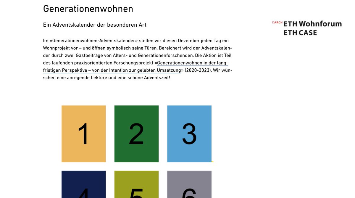 #Adventskalender ist lanciert🚪🎉. Entdecke mit uns täglich neue intergenerationelle und gemeinschaftliche #Wohnprojekte. Am 24. Dezember erscheint das dazugehörige Booklet - wir freuen uns,❤️lichen Dank an alle Beteiligten! #Generationenwohnenprojekt <a href="/eth/">ETH Zürich</a> wohnforum.arch.ethz.ch/generationenwo…