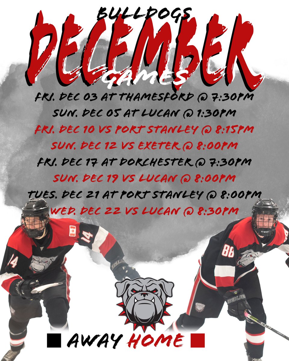 BrydgesBulldogs's tweet photo. Here’s a look at the month ahead! Come out and support the Dogs on the road ⚫️ and at home🔴!  First game of the month is this Friday in Thamesford! 

#BulldogsCountry
#GoDogsGo https://t.co/ojwx9LLT5W