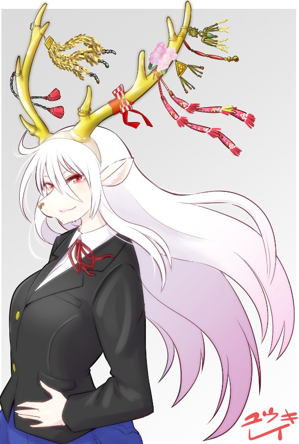 1girl antlers solo long hair furry red eyes smile  illustration images