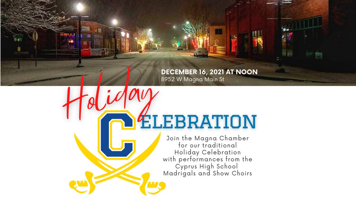 MagnaChamber's tweet image. Join the Magna Chamber for our traditional Holiday Celebration with performances from the Cyprus High School Madrigals and Show Choirs.
Board Member Elections will also be held. 
$15 for Chamber Members. Catered by Elizabeth's Catering.
facebook.com/events/s/holid…