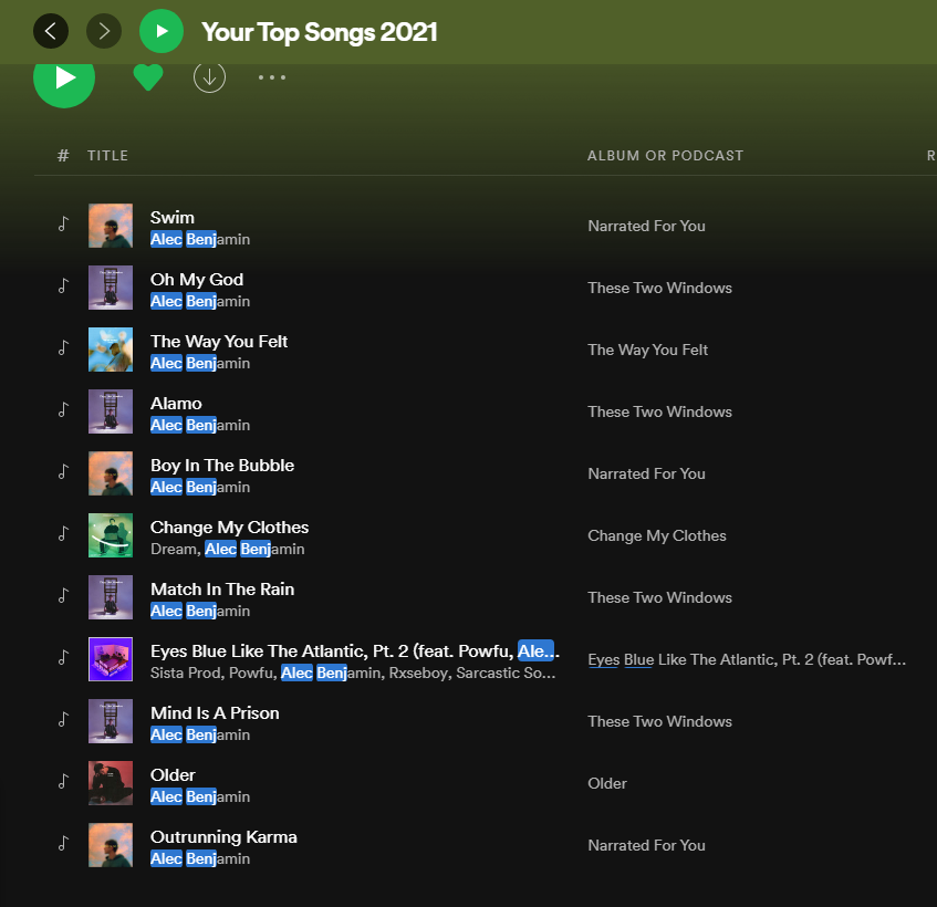 MaybeItsCrab's tweet photo. I think @AlecBenjamin is the only artists to be on my top songs 3 years in a row hehe https://t.co/pimYAnSUdq