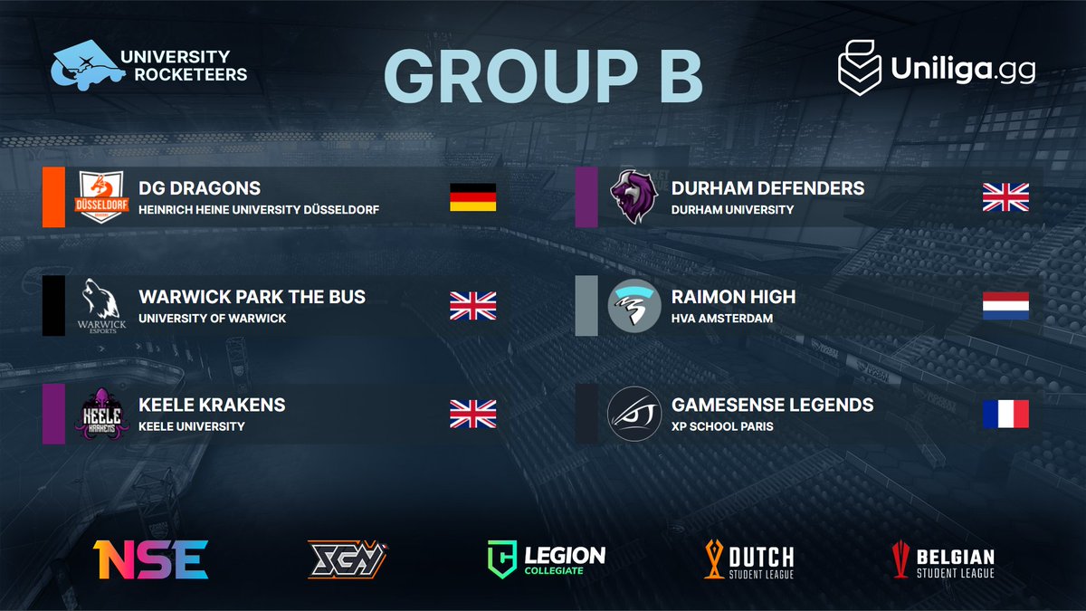 ❄️ UR Winter Cup #2 - Group B ❄️

📅 Saturday 4th December
🕕 14:00 GMT / 15:00 CET

🇩🇪 <a href="/ddorf_gaming/">Düsseldorf Gaming</a> 
🇬🇧 <a href="/DurhamEsports/">Durham Uni Esports and Gaming</a> 
🇬🇧 <a href="/warwickesports/">Warwick Esports</a> 
🇳🇱 Raimon High
🇬🇧 <a href="/KeeleEsports/">Keele Esports</a> 
🇫🇷 <a href="/gamesensefr/">GameSense</a> 

ℹ️ liquipedia.net/rocketleague/U…
📺 twitch.tv/UniRocketeers
