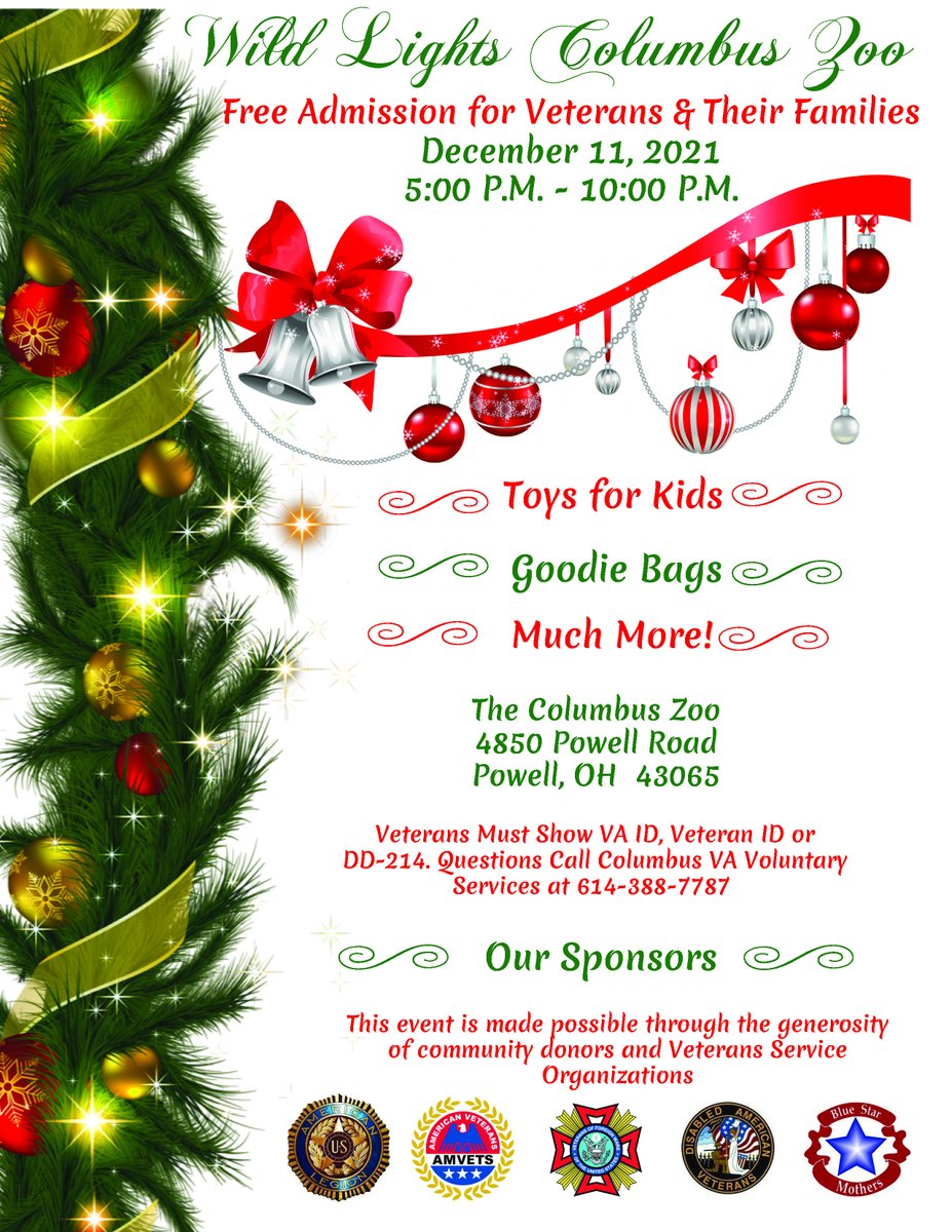 OhioAmvets's tweet photo. The Columbus Zoo will be offering free admission to Veterans and their families on December 11th 2021, 5:00 pm - 10:00 pm
Veterans must show VA ID, Veteran ID, or any DD-214. If you have questions, call Columbus VA Voluntary Services at 614-388-7787 https://t.co/uSVn4POHsI
