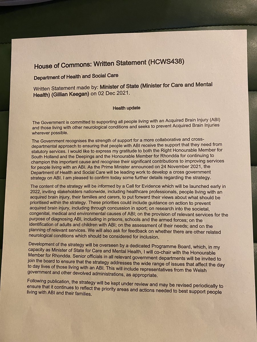 👏👏 Govt has just announced it will 
💡draft a strategy on Acquired Brain Injury 
💡set up a ABI programme board
💡which will be co-chaired by ⁦<a href="/GillianKeegan/">Gillian Keegan</a>⁩ and me
💡and will call for evidence very soon.
So my ABI Bill won’t be needed. 
Many thanks to all who’ve helped!