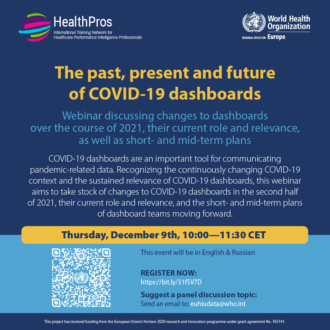 davkaro's tweet photo. Mark your calendar! 9 Dec 10:00 CET @WHO_Europe &amp; @HealthProsH2020 free webinar on #COVID19 dashboards: past, present, future. Don't miss this chance to hear from dashboard teams what is next for #dashboards! Register here: https://t.co/mXowzJHO7z. Questions to։ hiudata@who.int https://t.co/BzNictHM92