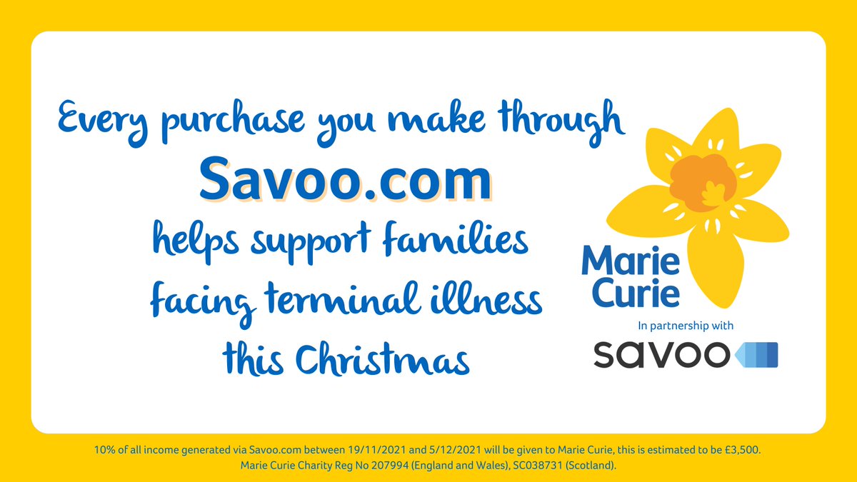 This week <a href="/Savoo/">Savoo</a> are donating 10% of their proceeds to Marie Curie. Shop with Savoo and help people with a terminal illness this Christmas💛 savoo.co.uk