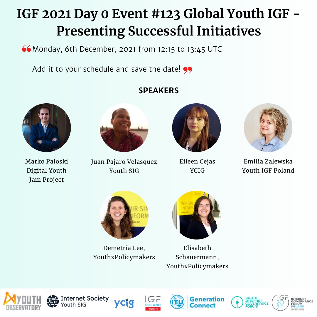 Join us at the <a href="/igf_2021/">IGF2021</a> session "Global Youth IGF—Presenting Successful Initiatives" organized by #YIGF Poland! #YouthxPolicyMakers will present alongside representatives from other youth initiatives from <a href="/YouthCIG/">YCIG Youth Coalition on Internet Governance</a>, <a href="/ISOC_NextGen/">Internet Society - Next Generation</a> &amp; Generation Connect. t1p.de/h35zc
