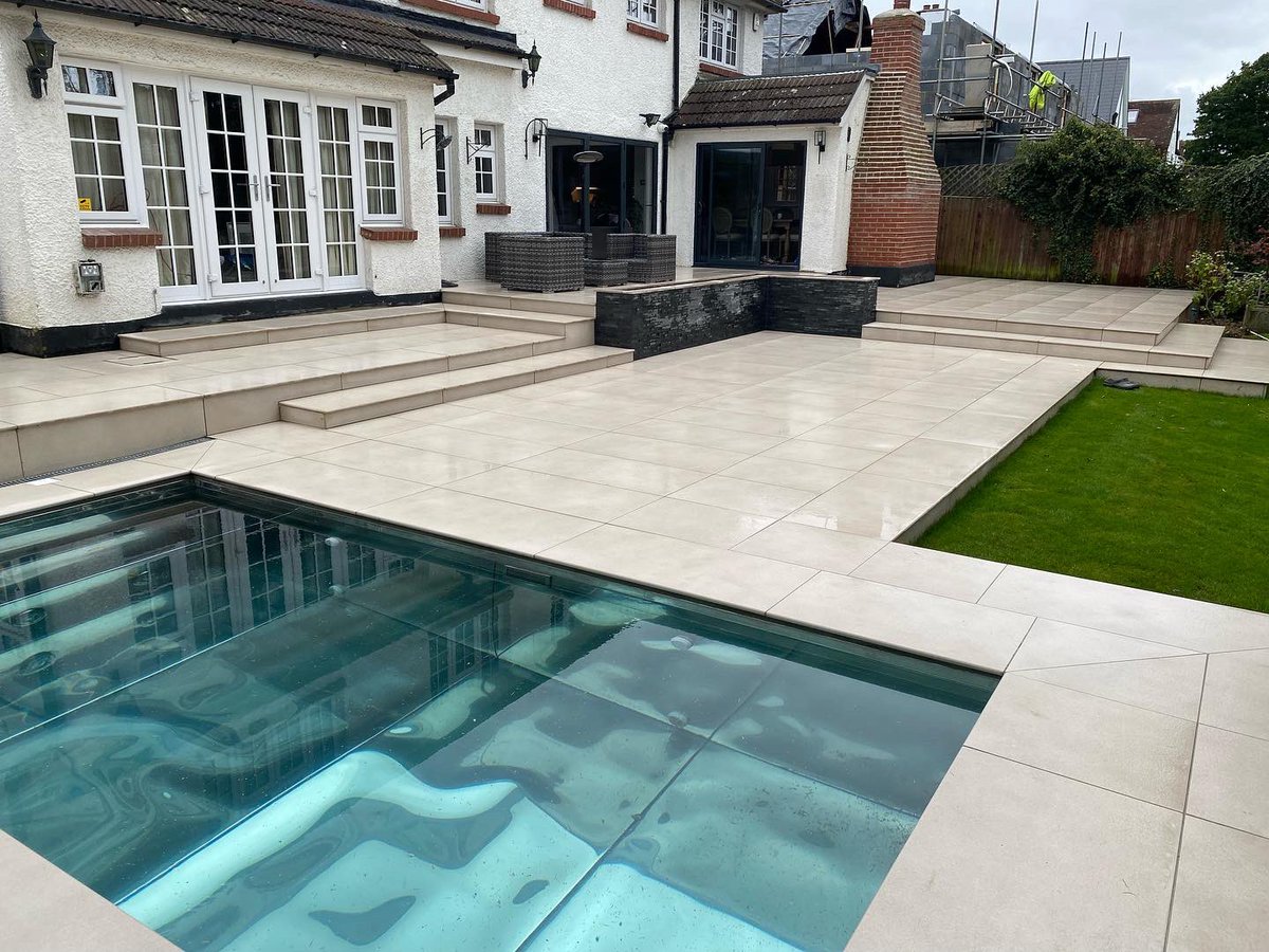 Patio project completed by Paramount Paving using @MarshallsReg Symphony Classic Porcelain Paving in the colour Barley #patios #porcelain #paving #westwickham #bromley #orpington #kent <a href="/tuffbauSteintec/">Steintec - Tuffbau</a>