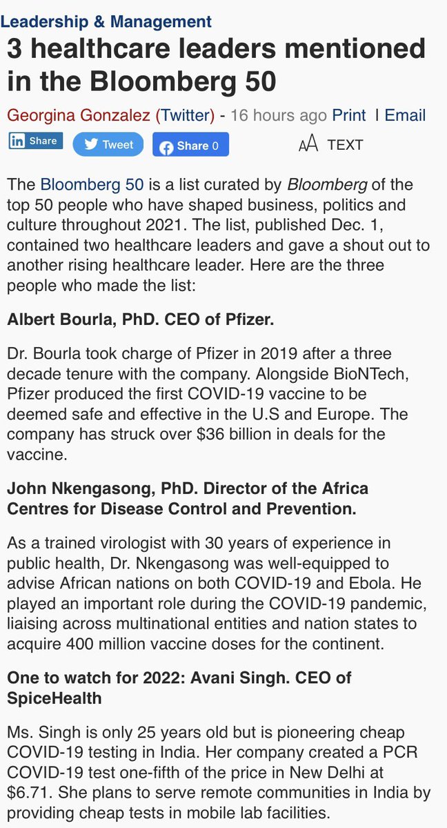 3 healthcare leaders mentioned in the Bloomberg 50  BEYOND honored to be named next to these global healthcare legends! Thank you @business 🙏🏼 we have a long way to go @spice_health! ♥️ beckershospitalreview.com/hospital-manag…