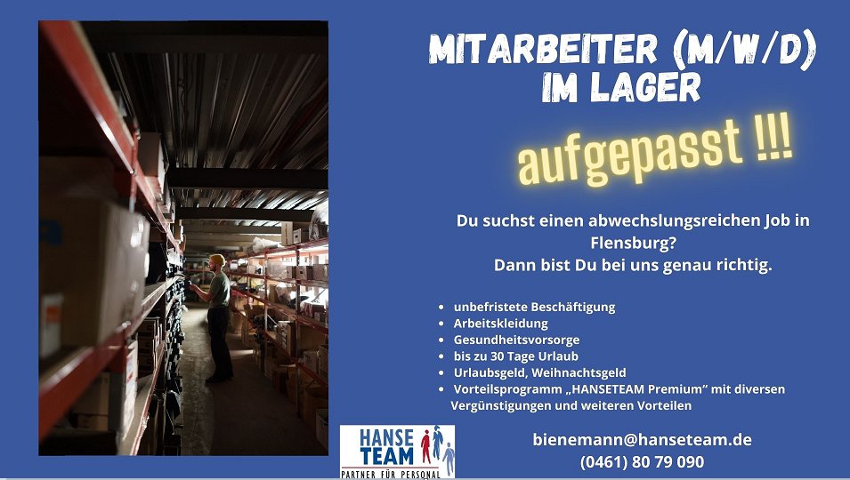 In Flensburg werden dringend Mitarbeiter (m/w/d) für das Lager gesucht! Bei Fragen steht euch Ronja Bienemann zur Verfügung!

#JobSearch #JobAlert #Jobs #bewerbung #flensburg