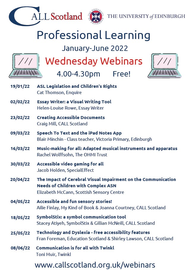 CALLScotland's tweet photo. Our new programme of FREE Wednesday Webinars is also ready to book! 👍😃https://t.co/J0k5YNuNhD @ASLadvice @DyslexiaScotlan @rcsltscot @SSTAtradeunion https://t.co/mAnJYSI39n
