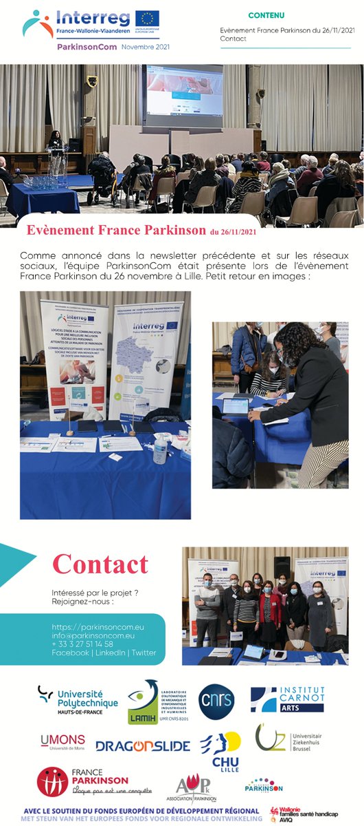 parkinson_com's tweet photo. 👉Newsletter n°14 - Novembre 2021
#uphf #UMONS #dragonslide #vlaamseparkinsonliga #Aviq #Interregfwvl #FEDER #franceparkinson #lamih #CNRS #institutcarnot #chulille #uzbrussel #associationparkinson #insahautsdefrance https://t.co/MweRz3zyC9