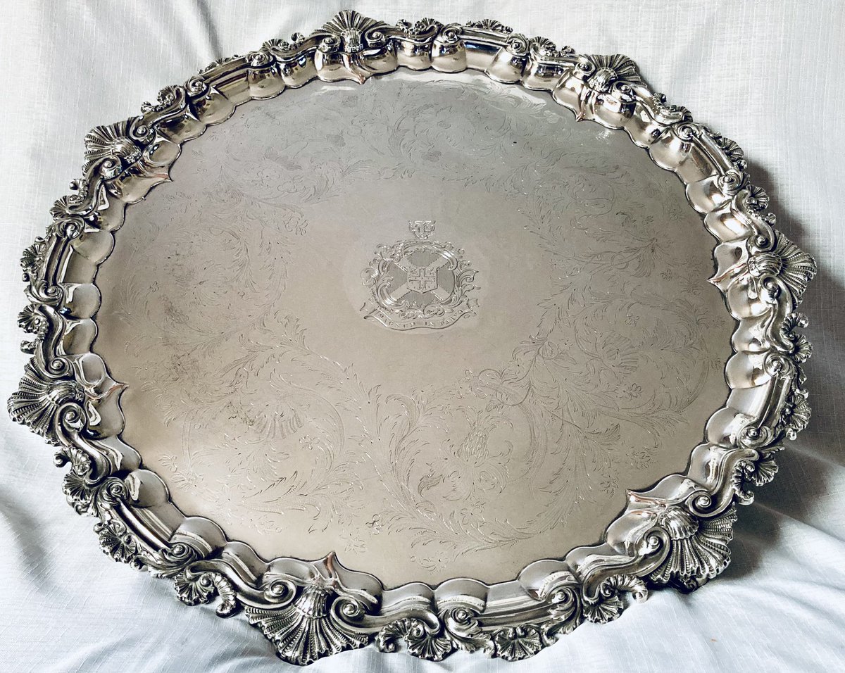 BassetlawA's tweet photo. A large George IV Old Sheffield Plate armorial salver with the marital arms of Little & Keen. Marked with twin suns for Matthew Boulton & Co, Birmingham. #Georgian #OldSheffieldPlate #MatthewBoulton #antiques https://t.co/01uS9DehDY