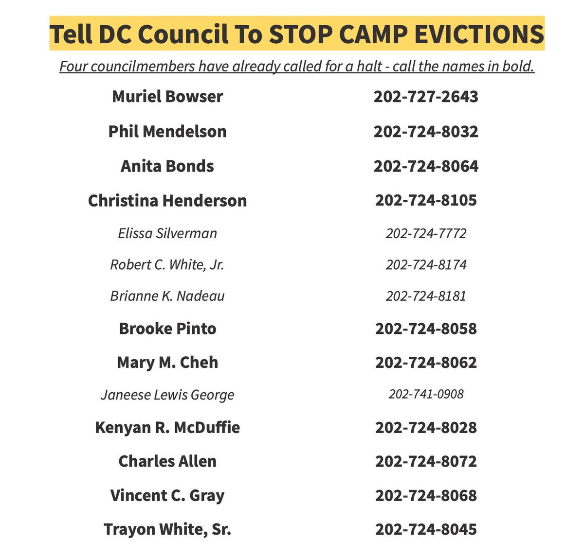 SunriseMvmtDC's tweet photo. The @councilofdc needs to act NOW. Call your councilmembers and demand that they stop the evictions of all encampments until each and every resident is in housing. https://t.co/7eXPZij2Gt