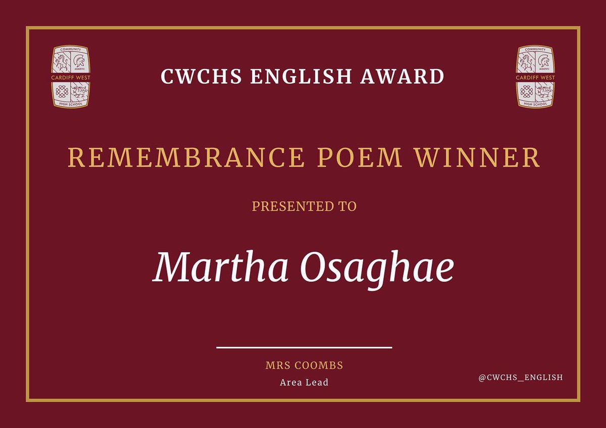 mrshlrichardson's tweet photo. Congratulations to both Tianah and Martha on winning the English department's'Remembrance Poem' competition! #ks3poetry #poetrycompetition #competitionwinners @CardiffWestCHS @CWCHS_English https://t.co/dyLJQgw5QF