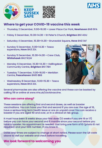 HealthwatchBH's tweet photo. Covid vaccinations 2nd-8th December

From Monday 6th December, walk ins at Churchill Sq will be suspended in order to create more bookable appointments https://t.co/tEOrDtL5bV