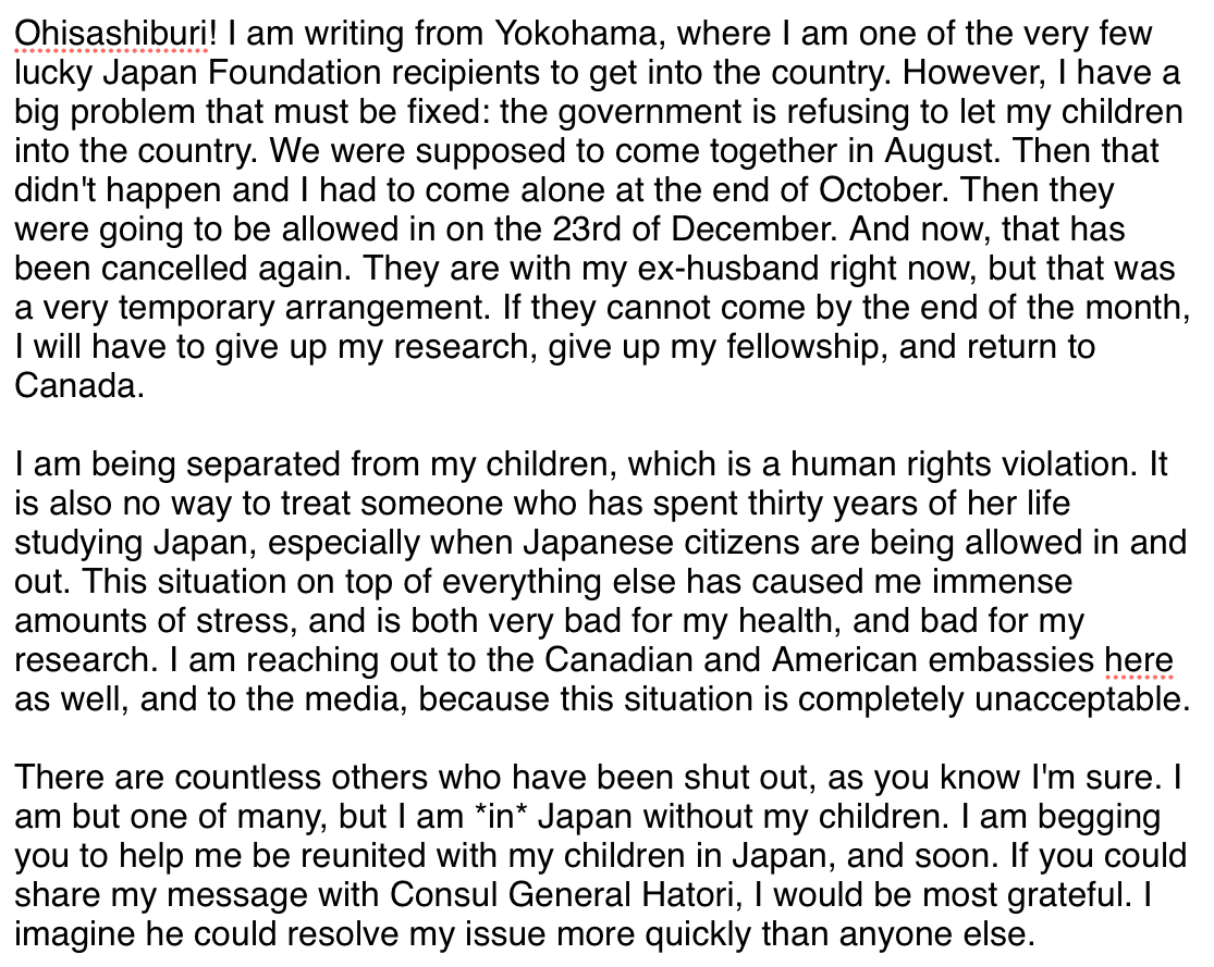 Melek Ortabasi (@mortabasi) on Twitter photo Hello <a href="/JapaninCanada/">Embassy of Japan in Canada</a> <a href="/JapanCons_vanc/">Consulate General of Japan in Vancouver</a> I have a very important message for Consul General Hatori. I would appreciate a prompt answer and swift resolution to this issue, which constitutes a human rights violation. Hello <a href="/JapaninCanada/">Embassy of Japan in Canada</a> <a href="/JapanCons_vanc/">Consulate General of Japan in Vancouver</a> I have a very important message for Consul General Hatori. I would appreciate a prompt answer and swift resolution to this issue, which constitutes a human rights violation.