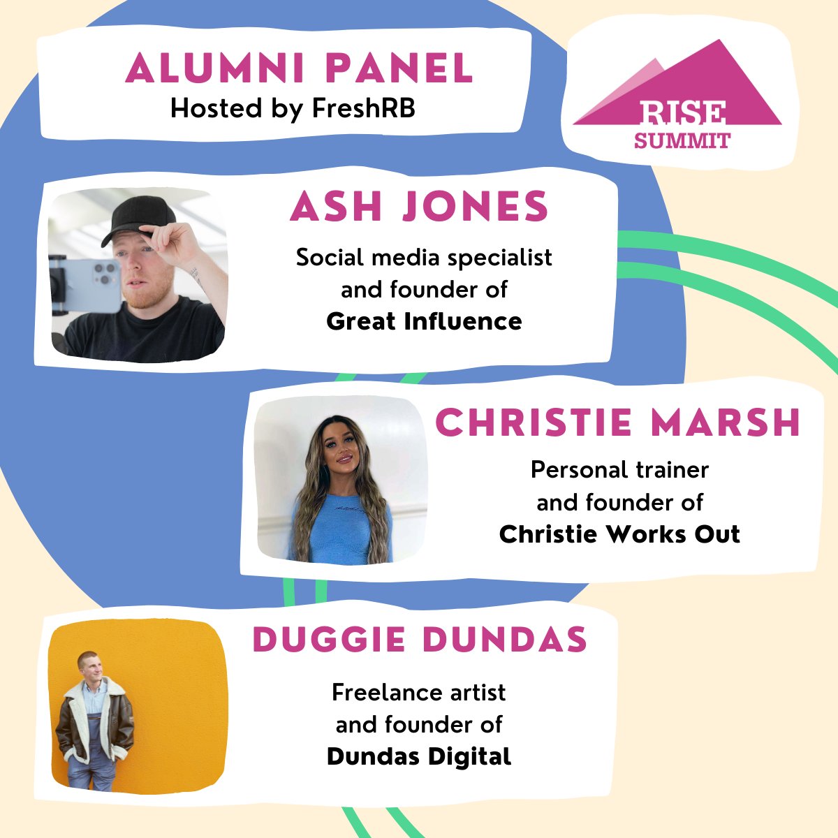 The Rise Summit Alumni Panel brings together inspiring graduates to share their stories &amp; practical tips on building your self brand. 

This Saturday <a href="/FreshrbCIC/">Freshrb Health Media</a> are hosting

💻 Social media specialist Ash Jones
💪 Personal trainer Christie Marsh
🎨 Freelance artist Duggie Dundas
