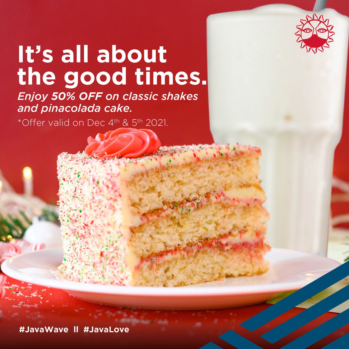 JavaHouseUG's tweet image. Catch a tasty break with the #JavaWave: 50% off on pinacolada cake & all classic milkshakes at Java Lugogo, Jinja, Acacia Place & Total Acacia and on delivery from Glovo and Jumia Food this weekend (Saturday 4th & Sunday 5th December).
#JavaLove #JavaHouseUG
