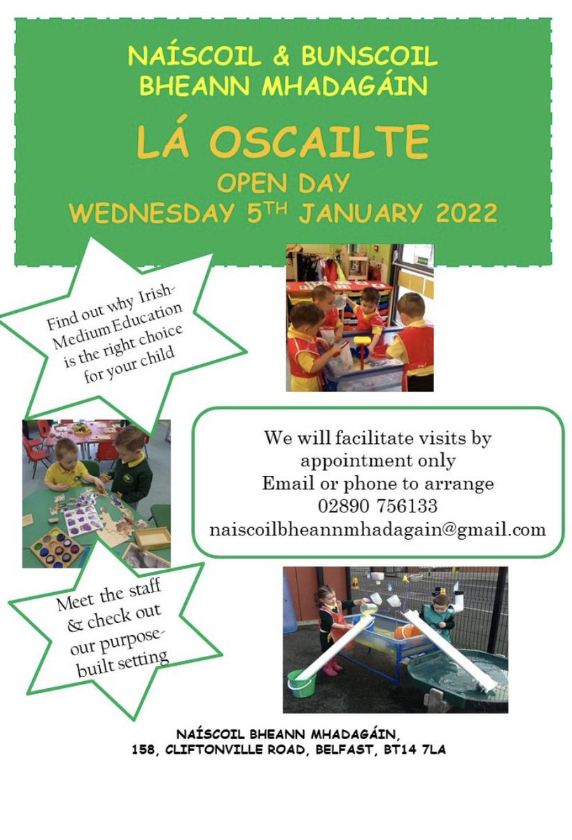 Lá oscailte don Naíscoil / Naíscoil <a href="/BunscoilM/">Bunscoil Bheann Mhadagáin</a> open day information, Wednesday 5th January. #GiftofIrish