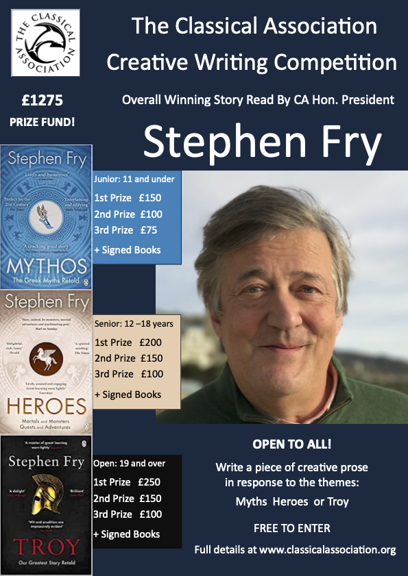 Hon President <a href="/Classical_Assoc/">The Classical Association</a> and audiobook legend <a href="/stephenfry/">Sir Stephen Fry</a> will record winning story in this new Creative Writing competition! Open to ALL ages, write on the theme ‘Myth’, ‘Heroes’ or ‘Troy’ - enter now classicalassociation.org/competition/ 
Closes 3.2.22 <a href="/PenguinUKBooks/">Penguin Books UK</a> <a href="/StephenJenkin/">The Classics Library</a>