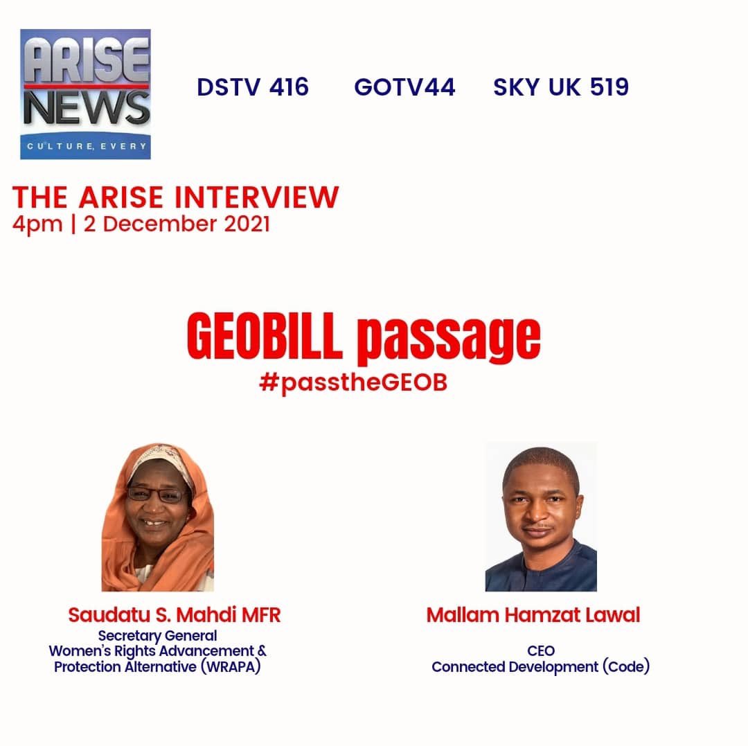 Connected_dev's tweet photo. At 4pm today, JOIN gender advocates @HamzyCODE and the Sec-Gen of @WRAPANG on @ARISEtv as they discuss the Gender and Equal Opportunity Bill #GEOBill .
Make it a date!
Meanwhile, what’s your take on the bill? https://t.co/iKwvvSTHyo