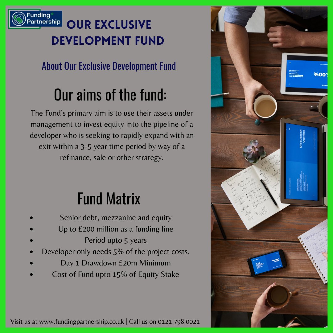 FundingPartner2's tweet image. Introducing our Exclusive Development Fund

Senior debt, mezzanine and equity
Up to £200 million as a funding line
Period upto 5 years
Developer only needs 5% of the project costs.
Day 1 Drawdown £20m Minimum
Cost of Fund upto 15% of Equity Stake

#business #developmentfund