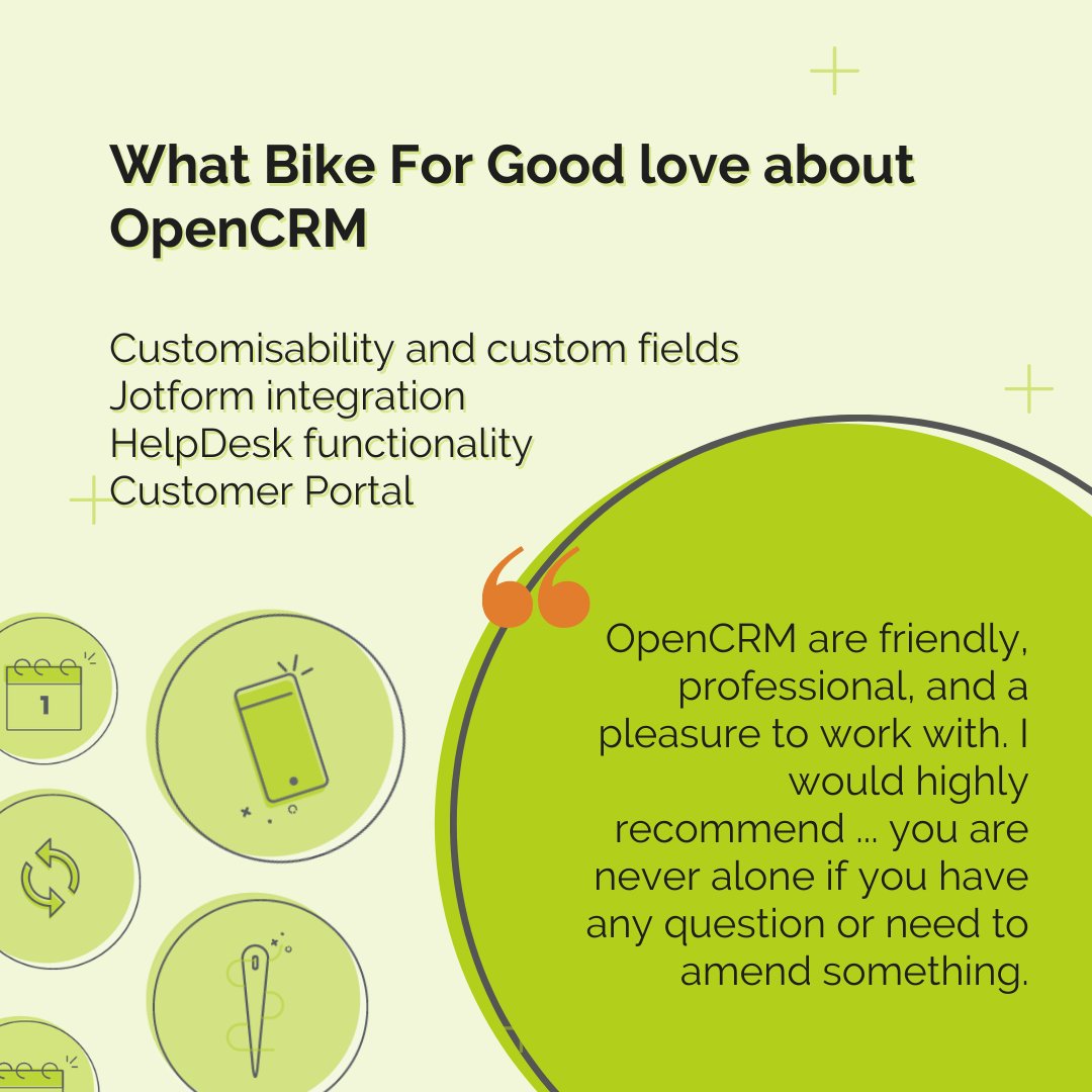 OpenCRM's tweet image. We&apos;re lucky to be used by some excellent companies doing excellent work. @BikeforGoodGla is one of them. 🌟

They love #OpenCRM for its customisability, JotForm integration, HelpDesk functionality and our Customer Portals.

Read their full case study here: bit.ly/3nDoHUT