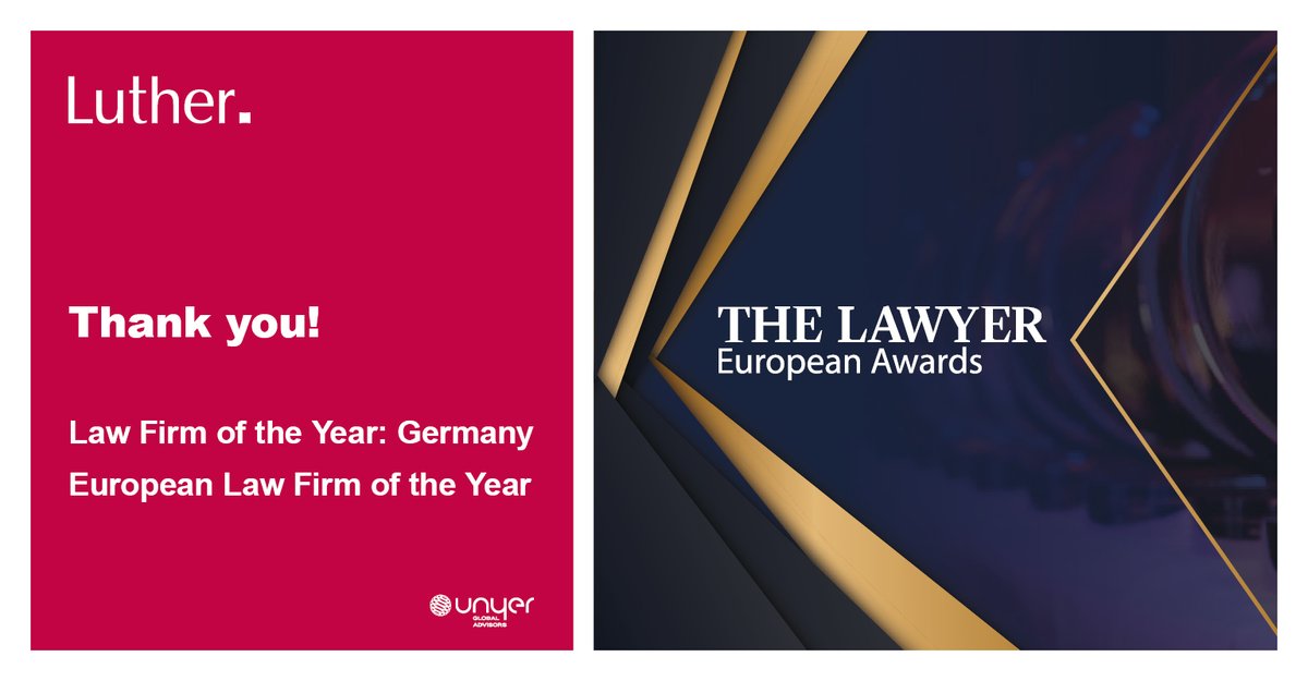epr_luther's tweet photo. At this year's The Lawyer European #Awards, we were awarded twice: In the category "Law Firm of the Year: Germany" as well as the highest category "European Law Firm of the Year”. We are extremly honored and congratulate all our colleagues!
#TLEA21 #lawfirmoftheyear #unyer https://t.co/kwSs3yTBf6