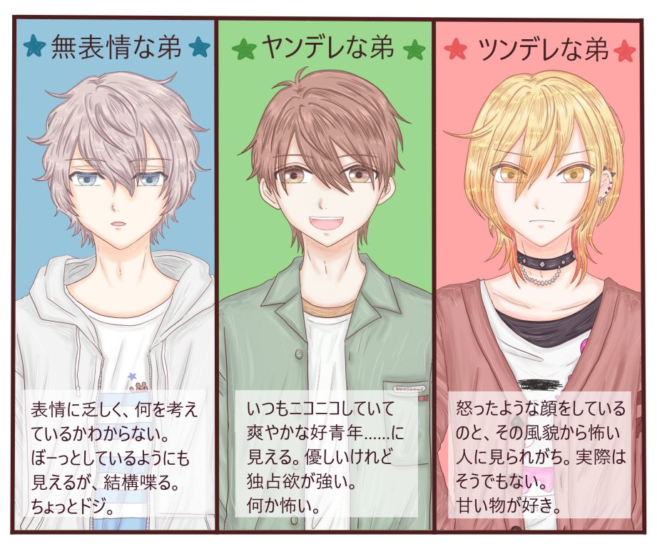 endingerror_k's tweet photo. 「エイプリルフールの神に弟をもらいました！」公開しました！四月一日に弟をもらう乙女ゲーム。（季節外れになってすみません…！）
ヤンデレ弟、ツンデレ弟、無表情弟の三人から一人選んで一本道。基本明るめ、甘めです☺️
DLして遊んでもらえたら嬉しいです！https://t.co/7vgEm9FIFV https://t.co/C5UZi2Stp2