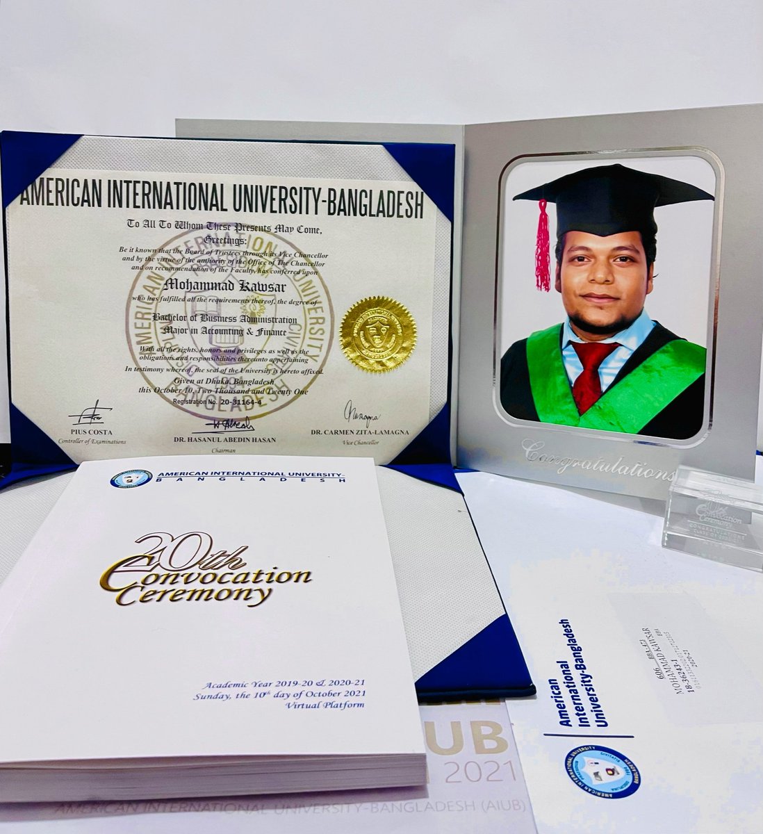 iemkawsar's tweet photo. Officially Graduated, sounds unreal, But it is real .

I have so many stories to share but I think thats for another day. 

With those priceless memories my Undergraduate journey ends. Now I'm off to the next chapter. Until next time. 
 
#AIUB #20thConvocation
#ClassOf2021 👨‍🎓 https://t.co/ZmETImSklG