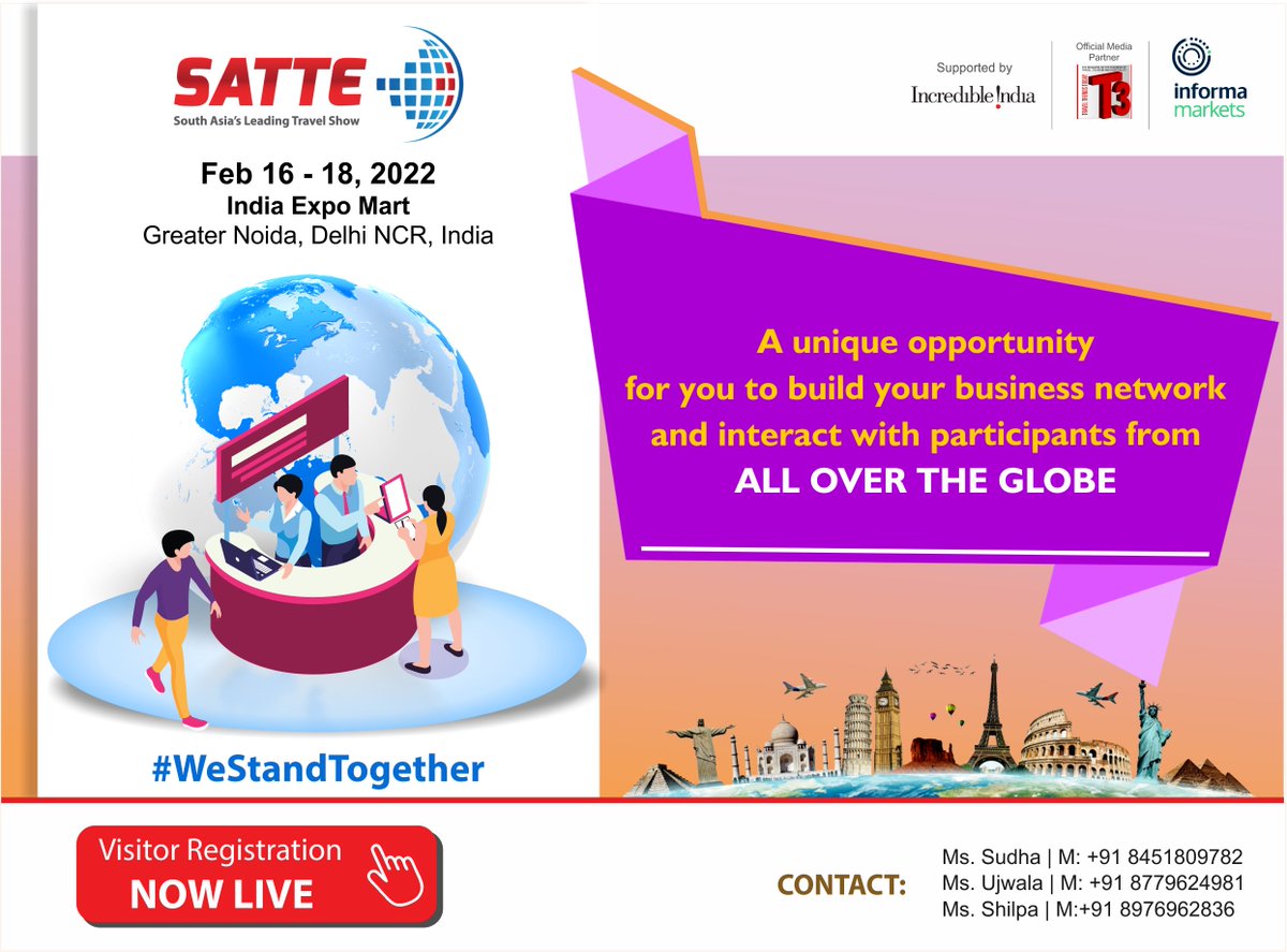 SATTE_India's tweet photo. Visitor's Registration is Live now!
Register HERE: https://t.co/bhUmrqLI1v
#InformaAllSecure #YourSafetyOurPriority #SATTE #SATTE2021 #Travel #Tourism #buyer #travelexpo #TravelAndTourism #travelbusinessowner #travelagency #businessowner #travelbusinessowner #WeStandTogether https://t.co/e839T76Xkl