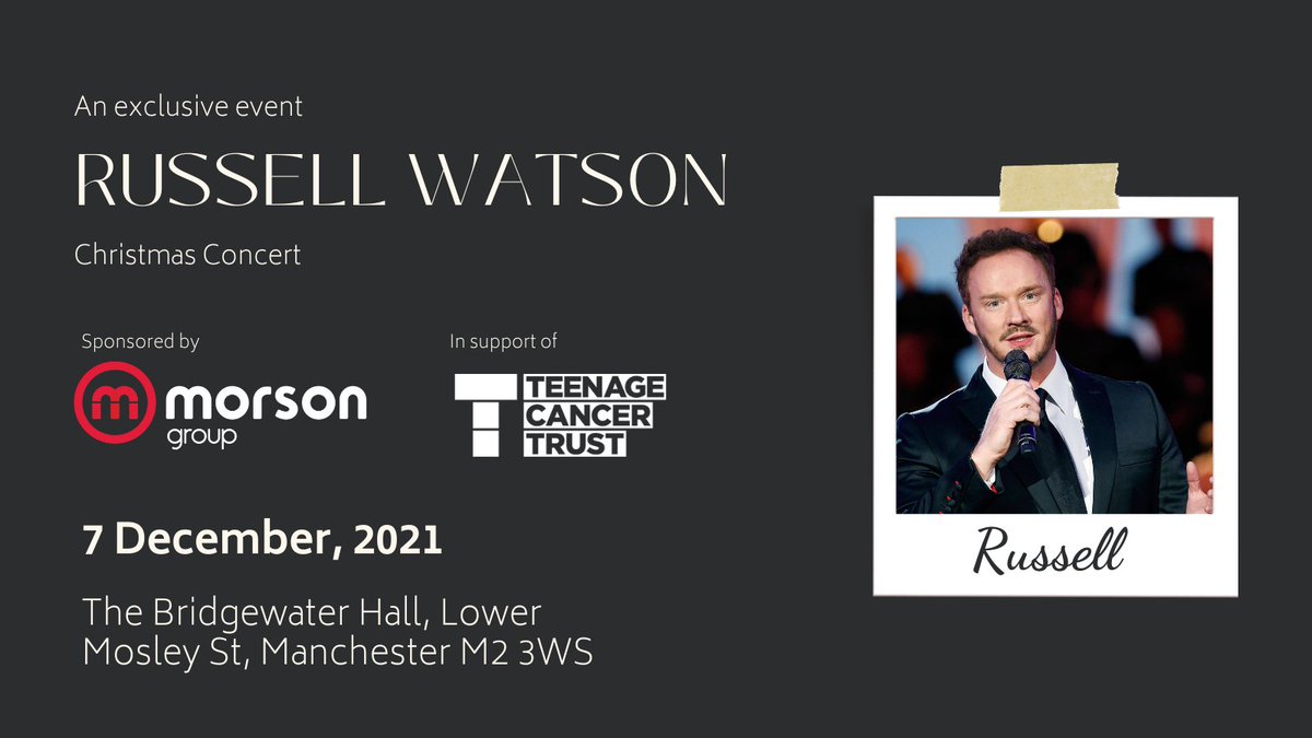 MorsonGroup's tweet photo. 🎟️ COMPLIMENTARY TICKETS! 🎟️

Morson is sponsoring the @russellthevoice Christmas Concert at the Bridgewater Hall in Manchester on 7th December in support of @TeenageCancer

If you'd like a FREE ticket, please email lorna.james@morson.com 📩 https://t.co/Ad6yyqDqHW