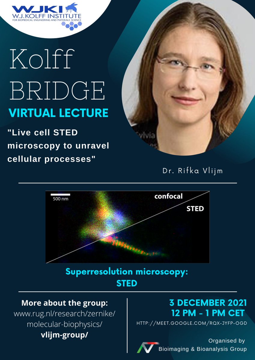 bioanalysisg's tweet photo. Tomorrow, at 12:00 CET, join us for another Kolff BRIDGE lecture! Dr. Rifka Vlijm from the FSE (University of Groningen) will talk about using live-cell STED microscopy. The link to join the talk is: https://t.co/8vYWegHddk
#microscopy #science #superresolution #sted #cellbiology https://t.co/UX2Vl0GZc8