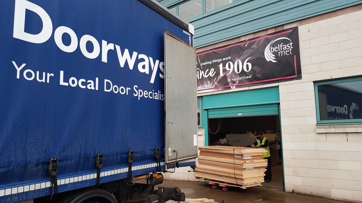 DoorwaysNI's tweet photo. Doorways were happy to donate 150 doors to @bfastmet campuses at Millfield and Castlereagh. 
The doors will be used to train joinery apprentices to hang doors.
Pictured course tutor Kieron Flannery &amp; Andrew Davis from Doorways
#TeamDoorways #SupportLocal #Joinery #Apprenticeships https://t.co/pvSNleKwI8
