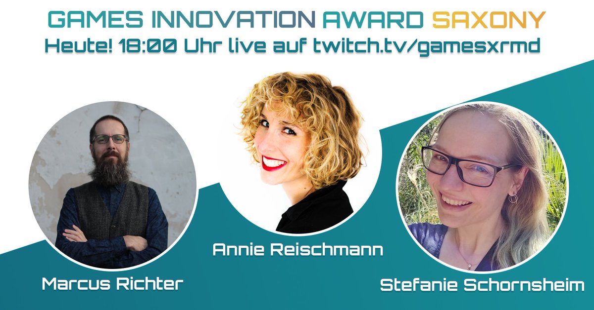 Wir sind alle total hibbelig, denn heute wird er verliehen: Der GAMES INNOVATION AWARD SAXONY #GIAS! 

🏆Heute, 18:00 Uhr auf twitch.tv/gamesxrmd

Präsentiert von <a href="/monoxyd/">Marcus Richter</a> und mit Laudationes von Annie Reischmann und <a href="/StefanieEnge/">Stefanie ✍🗣🎮</a> !

#games #award #gamedev #Sachsen