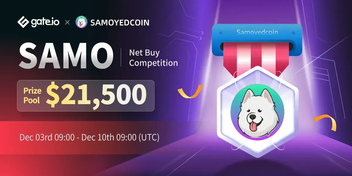 Gate's tweet photo. #Gateio $SAMO Net Buy Competition @samoyedcoin

Duration: Dec 3, 9:00 AM - Dec 10, 9:00 AM (UTC)

$17K #SAMO Rewards For Top 200 Traders
$4,000 #SAMO For New User Airdrop
$500 Rewards On #SAMO #giveaway

Details: https://t.co/TvKAvPFTdH
Giveaway: https://t.co/UBY8zMj3Wl

#Rewards https://t.co/CbwT9vtNY4