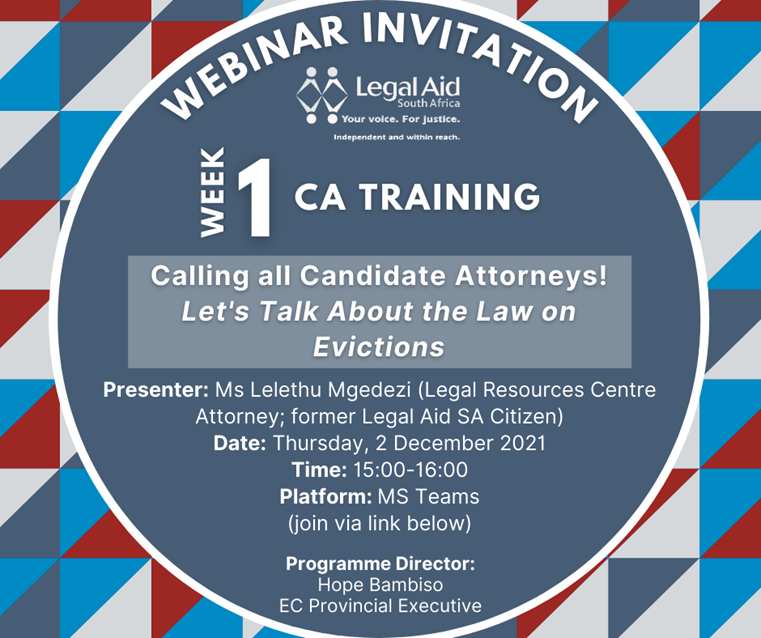 LRCSouthAfrica's tweet photo. LRC attorney Lelethu Mgedezi will present on "The law on evictions" to @LegalAidSA1 candidate attorneys this afternoon. Lelethu is the lead attorney on the eviction case against the City of Cape Town, recently heard by the Western Cape High Court. https://t.co/l1DFJ67Nsg