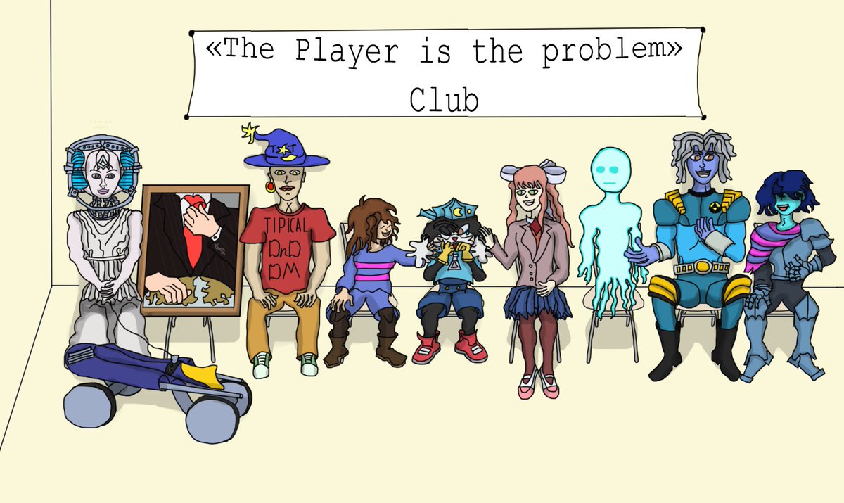 SamLisbeth1's tweet photo. Everyone who was in trouble with the Player gathered in one place.
#PERIMETER Exodus Terminal
#Vangers Infernal in vanger
#TheStanlyParable Narrator
#DnD DM
#Undertale Frisk
#klonoa Klonoa
#dokidoki Monika
#PonyIsland The Hopless soul
#Reboot Bob
#Deltarune Kris https://t.co/BBa6qmpBMZ