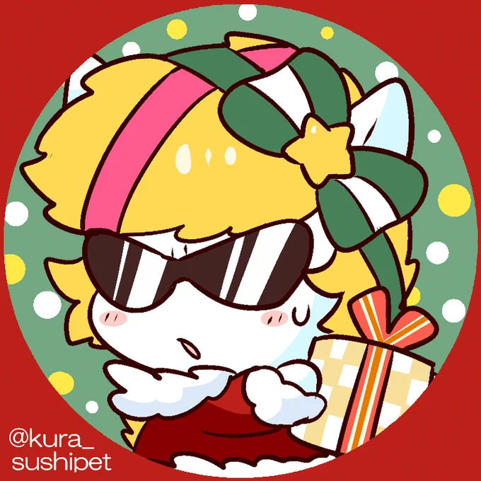 すしペットツイッターを見ているみんなに、 アイコン用画像をプレゼント!
今回は～、クリスマスな天さん!プレゼントみたいなリボンつき!
…えびリボンちゃんにつけられたんだろうなあ…。
大事に使ってね～。 