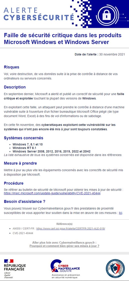 🚨 CYBERSECURITE 🚨
Une alerte a été émise le 30 novembre 2021 par l'ANSSI pour signaler une faille critique dans les produits Microsoft Windows et Windows Server
Informations:
👉 cybermalveillance.gouv.fr